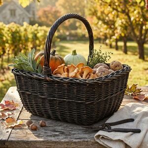 Vtg Wicker Basket Brown Gathering Bread Rattan Woven Country Farm Handle 13x6"